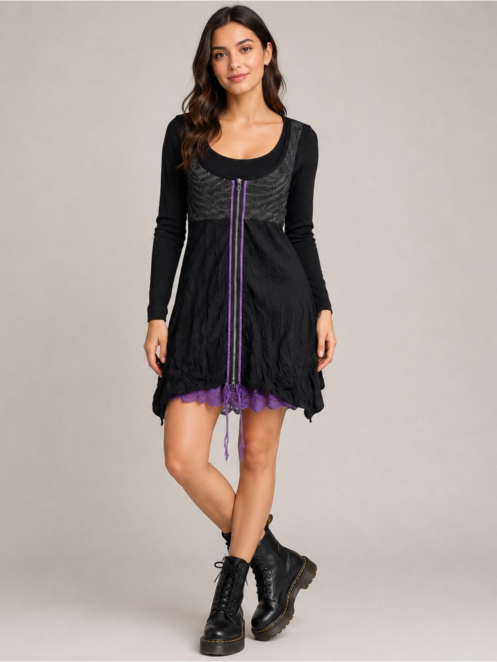 NWT Tricotto Tunic Top Small Black Purple Zip Front Whimsygoth Boho Fairy Grunge